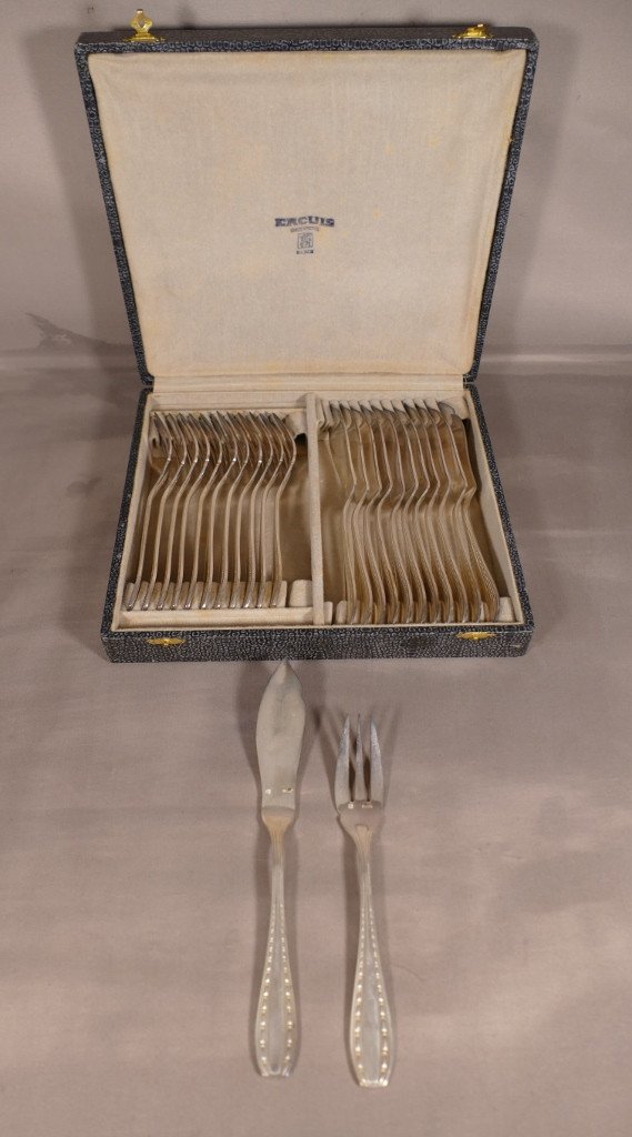 Ercuis, Set Of Silver Metal Fish Cutlery, Forks And Knives
