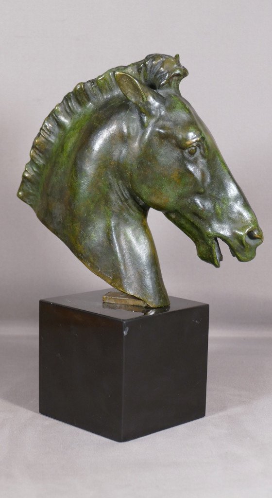 Horse In Dressage, Green Patinated Bronze Sculpture By Chatil, Early 20th Century-photo-3