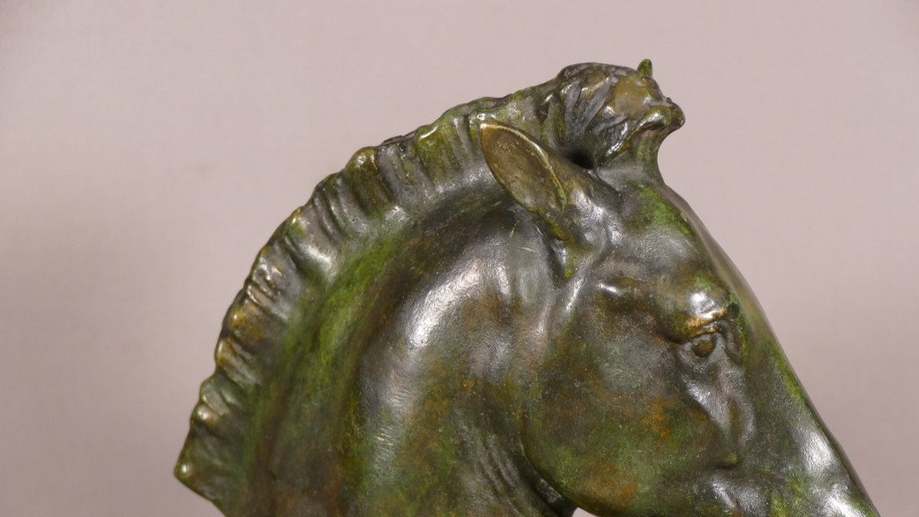 Horse In Dressage, Green Patinated Bronze Sculpture By Chatil, Early 20th Century-photo-4