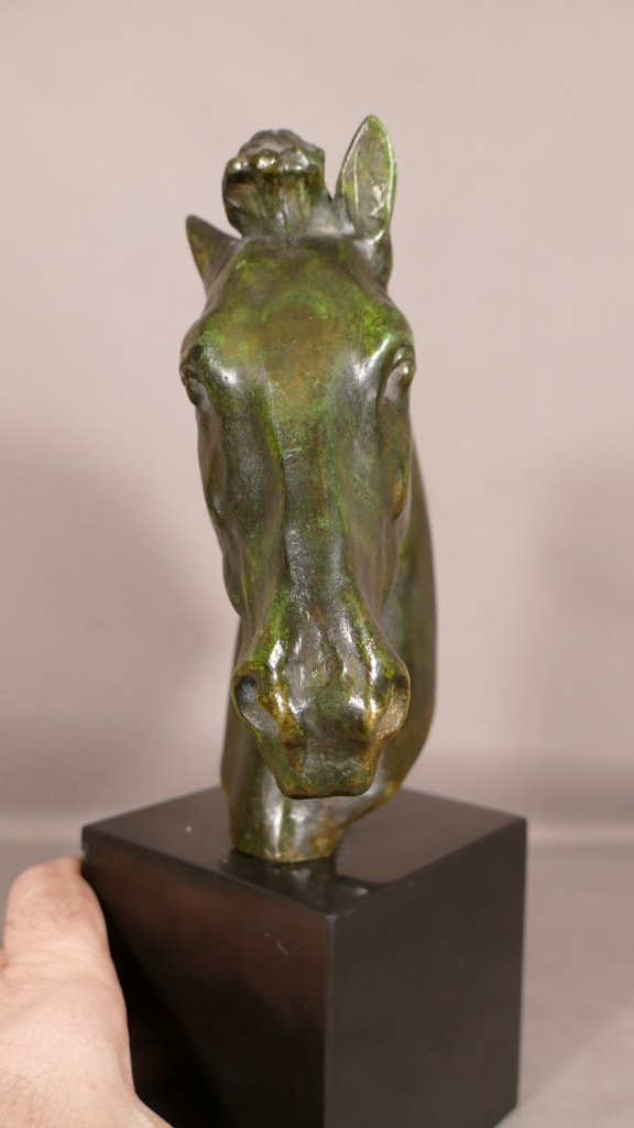 Horse In Dressage, Green Patinated Bronze Sculpture By Chatil, Early 20th Century-photo-3