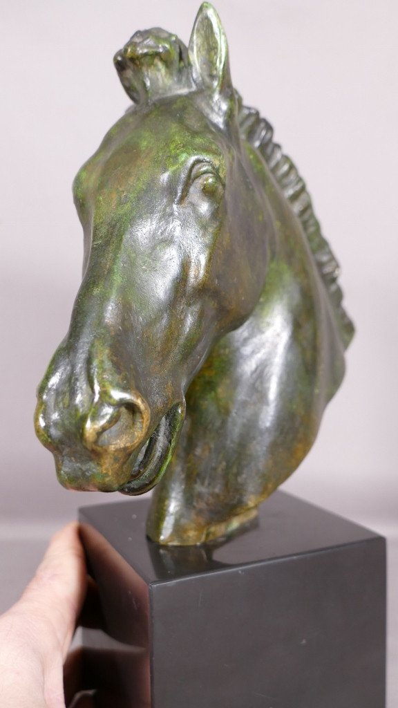 Horse In Dressage, Green Patinated Bronze Sculpture By Chatil, Early 20th Century-photo-4