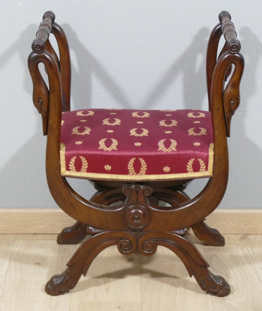 Empire Stool With Swans In Mahogany, Late 19th Century