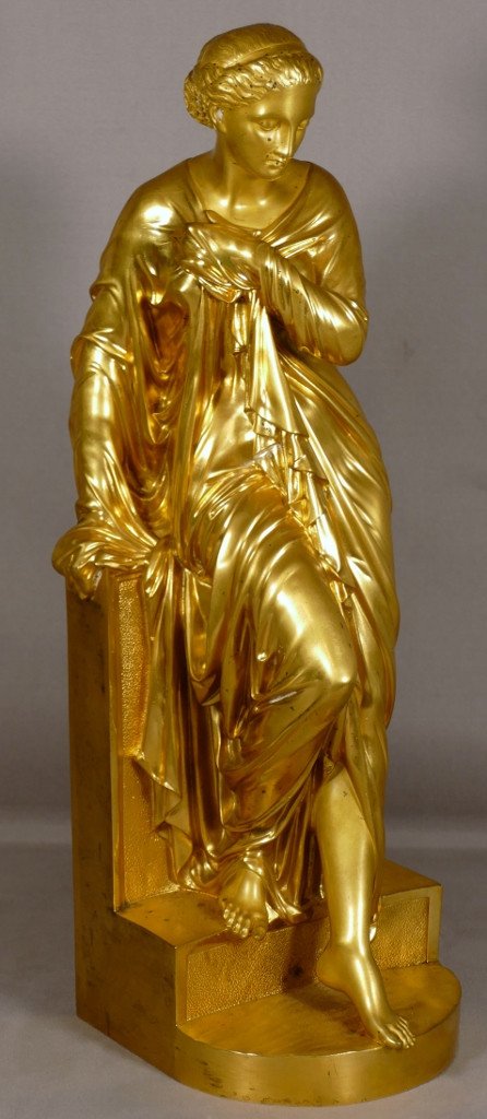 Nyssia Au Bain, Sculpture En Bronze Doré, Femme Drapée à l'Antique Par Aizelin