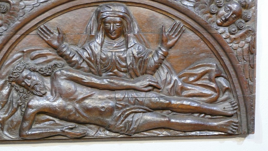 Pieta, Very Large Religious Panel In Carved Oak 18th Century, Virgin Mary And Christ-photo-3