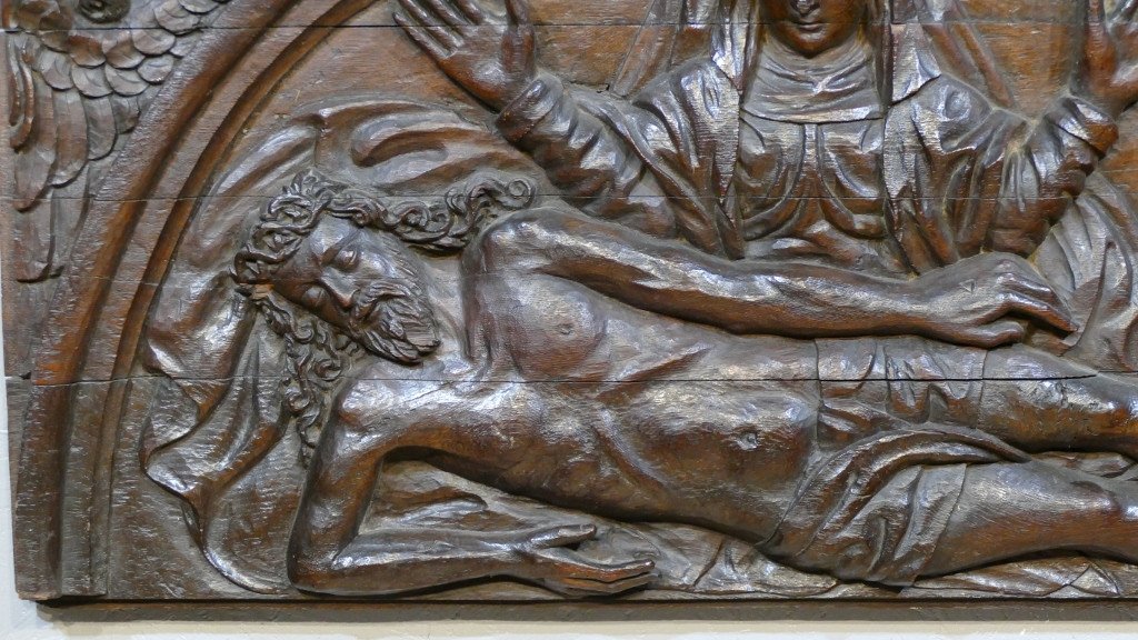 Pieta, Very Large Religious Panel In Carved Oak 18th Century, Virgin Mary And Christ-photo-4