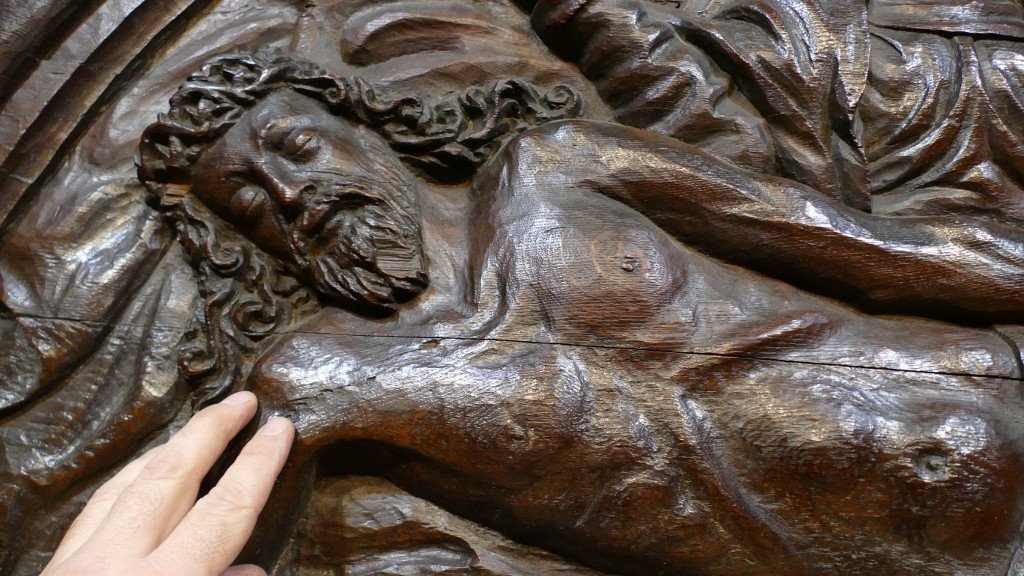 Pieta, Very Large Religious Panel In Carved Oak 18th Century, Virgin Mary And Christ-photo-2