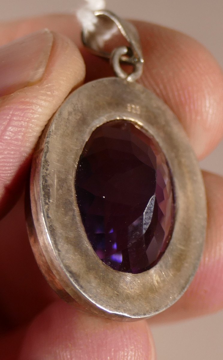 Pendentif Argent Massif Et Améthyste Taillé, époque Vers 1960-photo-4