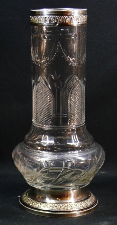 Empire Malmaison, Vase In Cut Crystal And Sterling Silver Frame, Late 19th Century