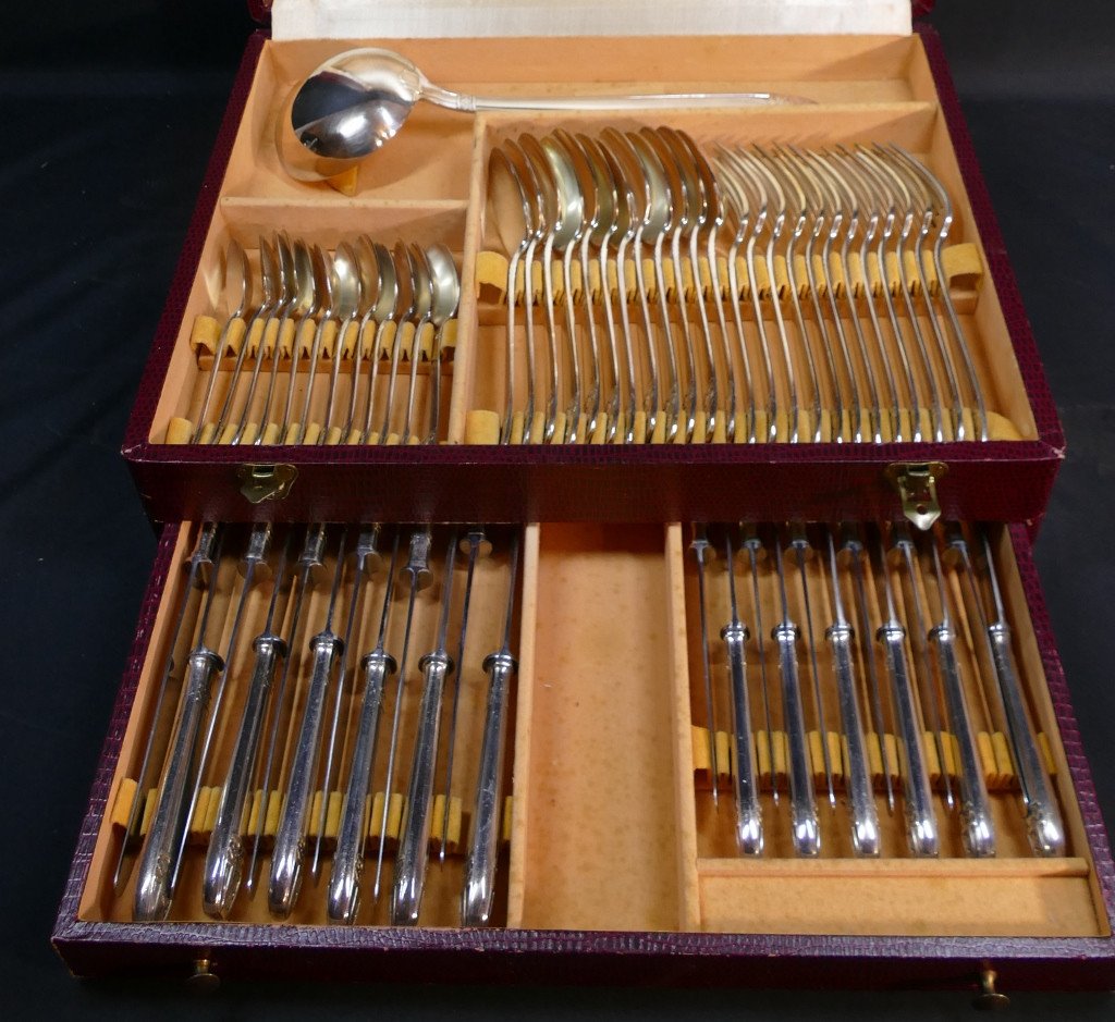 Art Deco Housewife 61 Pieces For 12 People In Silver Metal-photo-2