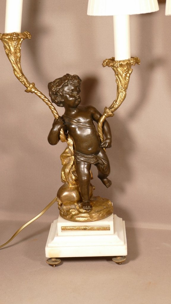 Clodion, Pair Of Putti Candlestick Lamps In Patinated And Gilded Bronze, 19th Century-photo-4