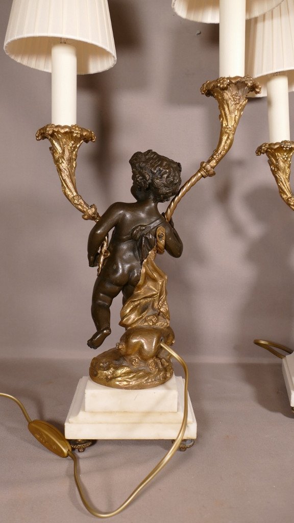 Clodion, Pair Of Putti Candlestick Lamps In Patinated And Gilded Bronze, 19th Century-photo-2