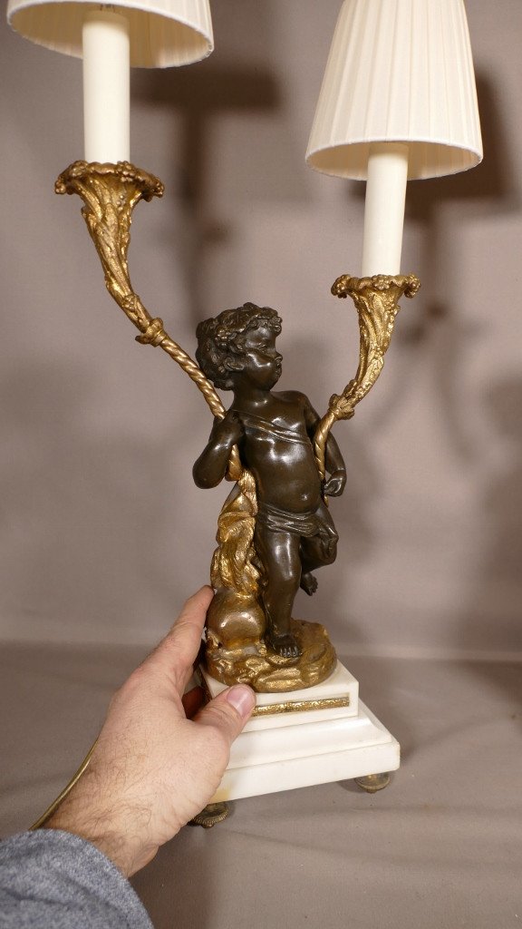 Clodion, Pair Of Putti Candlestick Lamps In Patinated And Gilded Bronze, 19th Century-photo-6