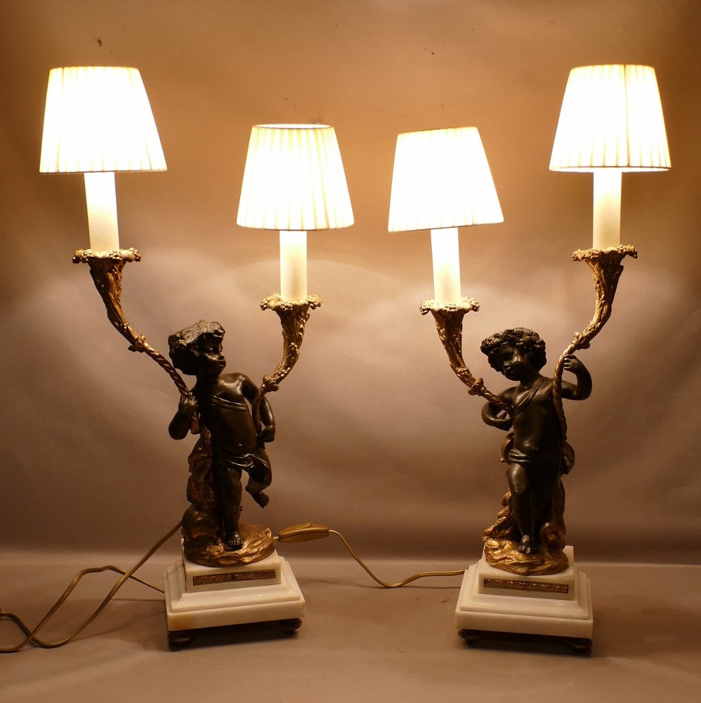 Clodion, Pair Of Putti Candlestick Lamps In Patinated And Gilded Bronze, 19th Century-photo-7