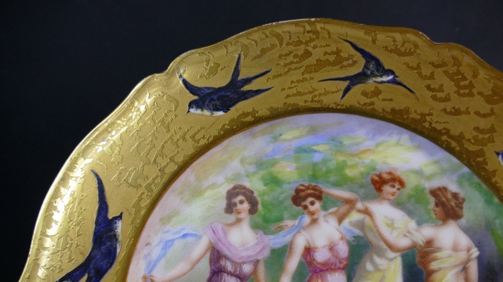 Art Nouveau Plate, Gold Inlay, Swallows And Women, Limoges 1895-photo-1