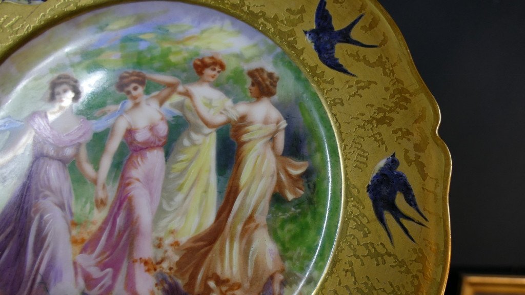 Art Nouveau Plate, Gold Inlay, Swallows And Women, Limoges 1895-photo-2