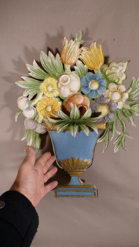 Paire d'Appliques En Tôle Peinte Vases Fleuris, Style Néoclassique époque Vers 1960-photo-4