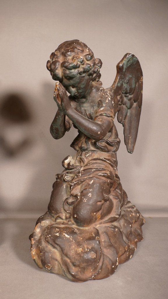 Pair Of Angels Cherubs Praying, Cast Iron Sculpture, 19th Century-photo-2