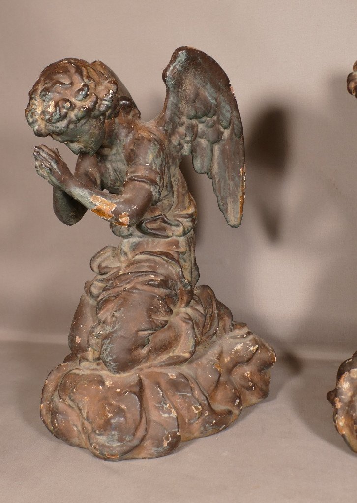 Pair Of Angels Cherubs Praying, Cast Iron Sculpture, 19th Century-photo-4