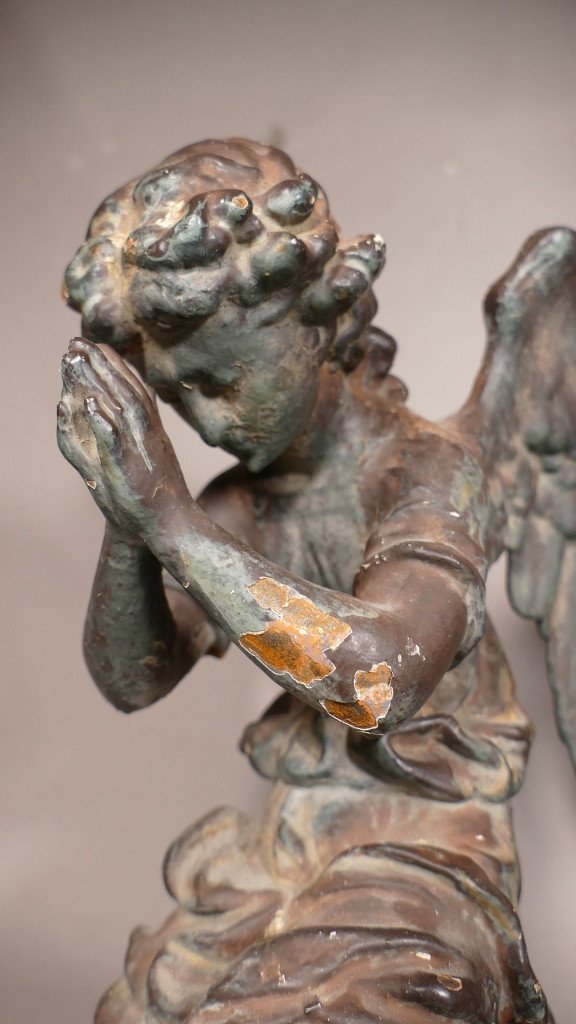Pair Of Angels Cherubs Praying, Cast Iron Sculpture, 19th Century-photo-1
