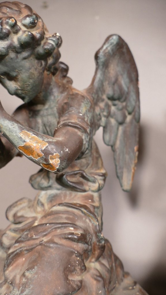 Pair Of Angels Cherubs Praying, Cast Iron Sculpture, 19th Century-photo-2