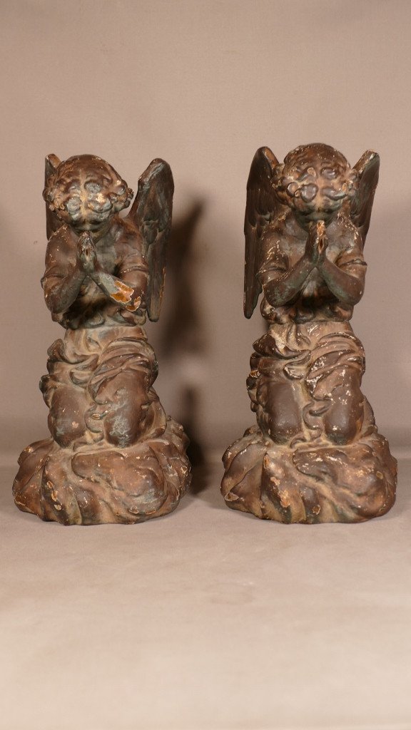 Pair Of Angels Cherubs Praying, Cast Iron Sculpture, 19th Century-photo-4