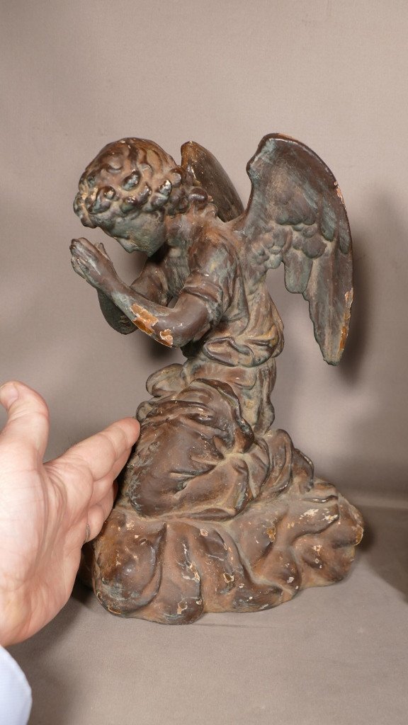 Pair Of Angels Cherubs Praying, Cast Iron Sculpture, 19th Century-photo-5
