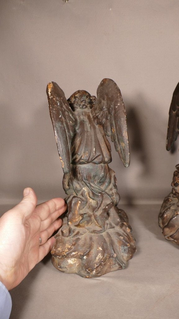 Pair Of Angels Cherubs Praying, Cast Iron Sculpture, 19th Century-photo-7