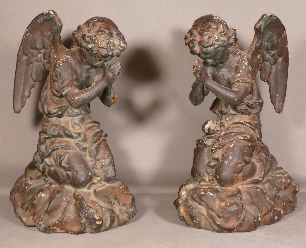 Pair Of Angels Cherubs Praying, Cast Iron Sculpture, 19th Century