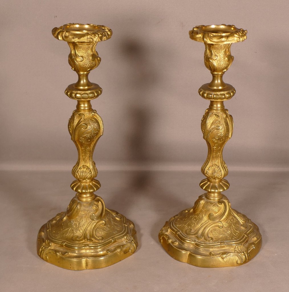 Pair Of Louis XV Candlesticks In Gilt Bronze, 18th Century Period