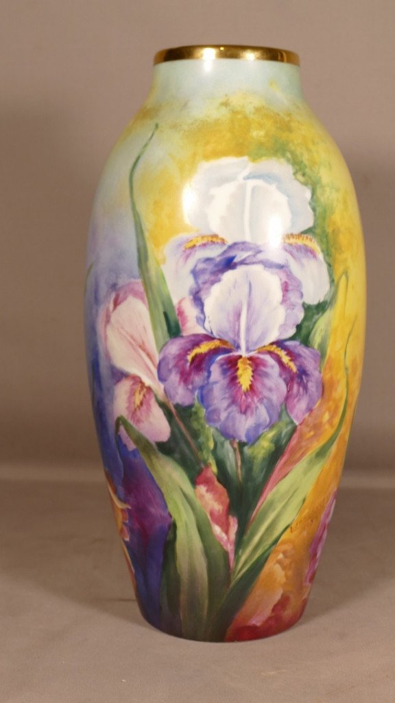 Hand Painted Iris Vase By Sarlangeas, Limoges Porcelain 1954-photo-2