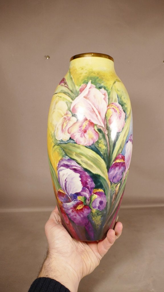 Hand Painted Iris Vase By Sarlangeas, Limoges Porcelain 1954-photo-1