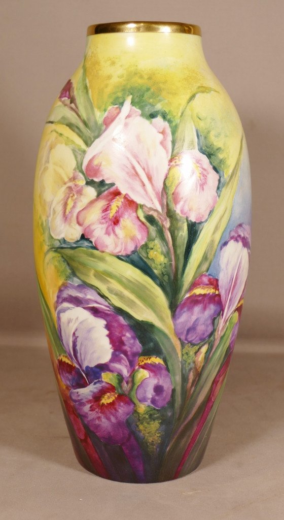 Hand Painted Iris Vase By Sarlangeas, Limoges Porcelain 1954