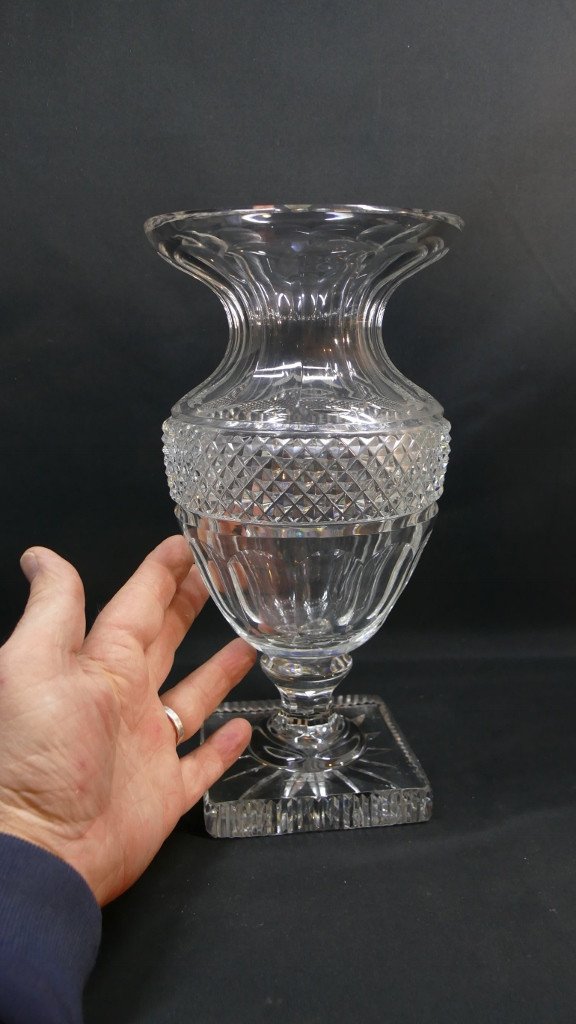Vase In Diamond Cut Crystal And Flat Ribs, Medici Shape, Baccarat, St Louis, Early 20th Century-photo-3