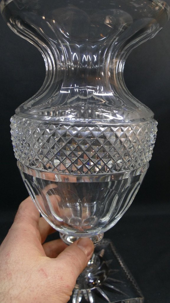 Vase In Diamond Cut Crystal And Flat Ribs, Medici Shape, Baccarat, St Louis, Early 20th Century-photo-4