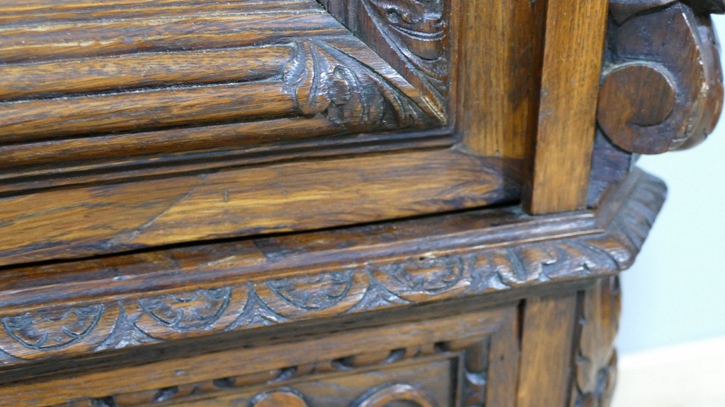 Armoire à Glace Bonnetière Style Renaissance Gothique En Chêne Sculpté, époque XIX ème-photo-6