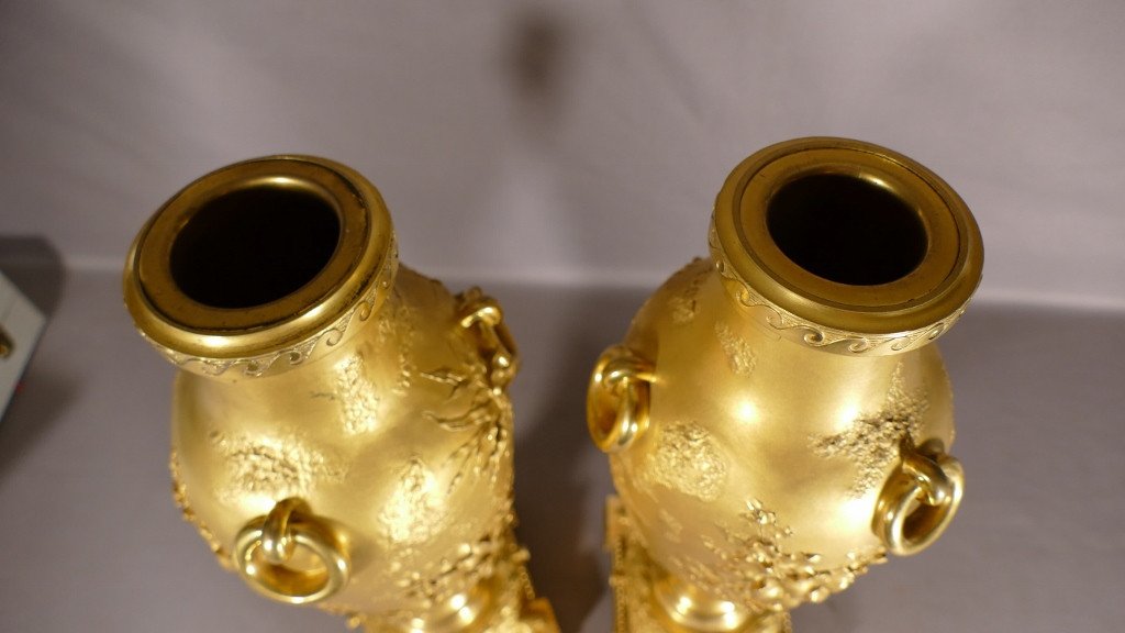 Paire De Cassolettes Vases Japonisants En Bronze Doré Aux Fleurs Ciselées, époque XIX ème-photo-7
