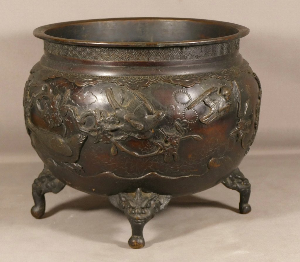 Cache Pot Chinois En Bronze Décor Aux Oiseaux, Feuillages Et Dragons, époque XIX ème-photo-2