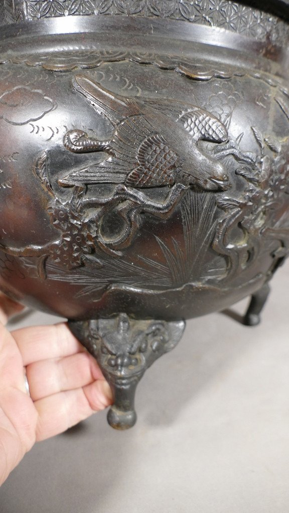 Cache Pot Chinois En Bronze Décor Aux Oiseaux, Feuillages Et Dragons, époque XIX ème-photo-2