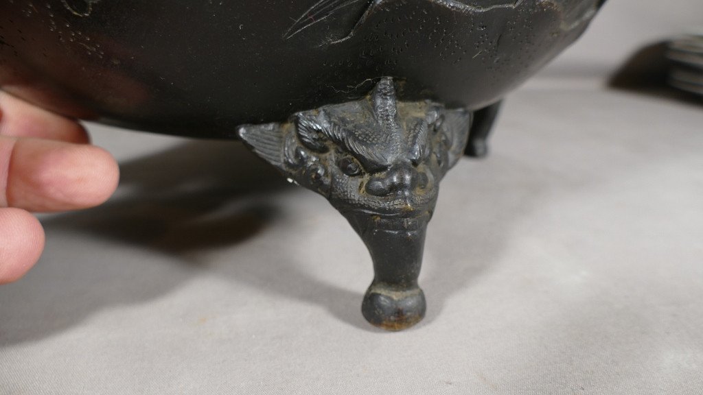 Cache Pot Chinois En Bronze Décor Aux Oiseaux, Feuillages Et Dragons, époque XIX ème-photo-3