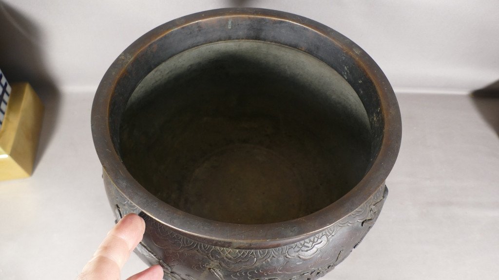 Cache Pot Chinois En Bronze Décor Aux Oiseaux, Feuillages Et Dragons, époque XIX ème-photo-5