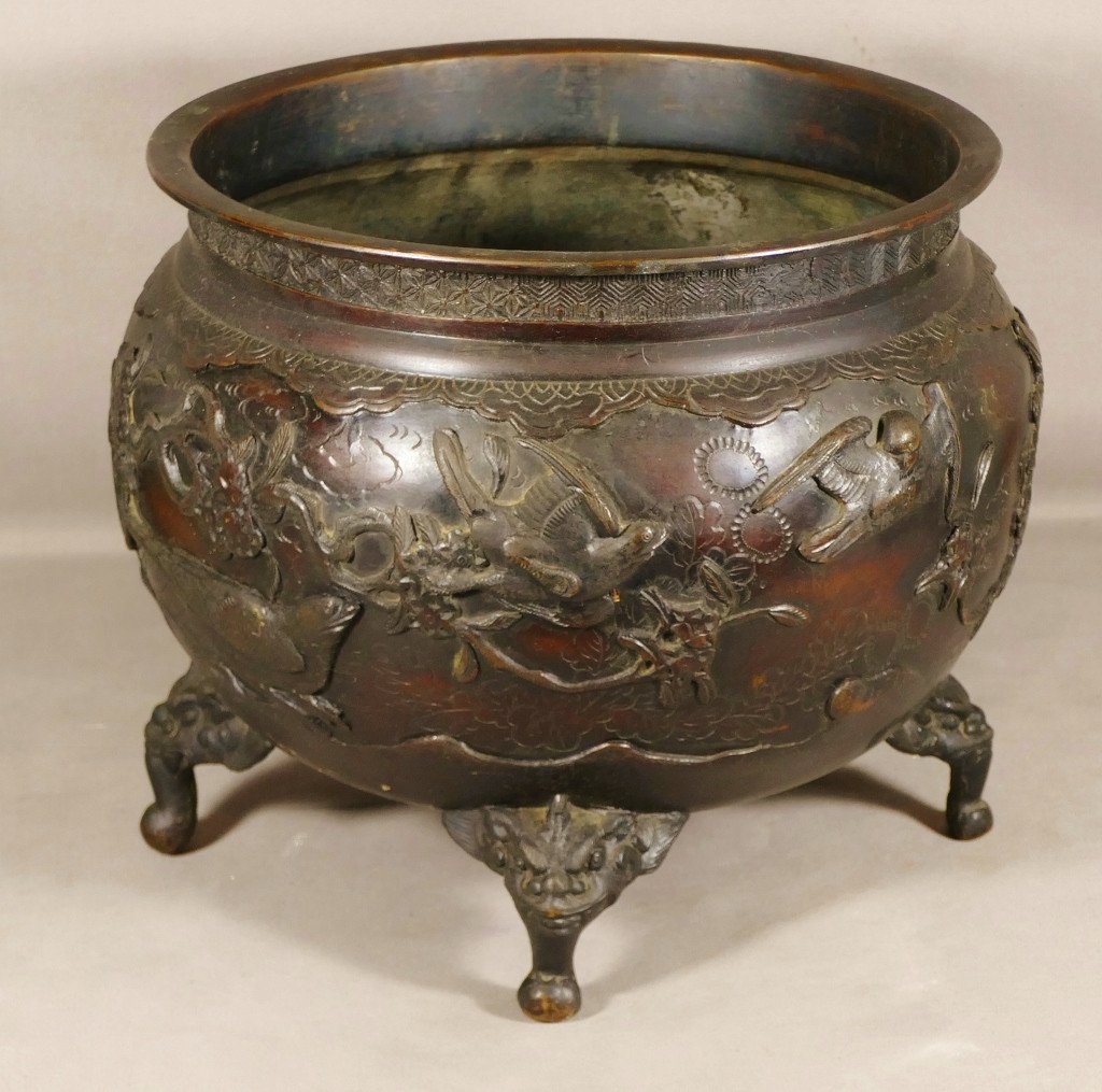 Cache Pot Chinois En Bronze Décor Aux Oiseaux, Feuillages Et Dragons, époque XIX ème