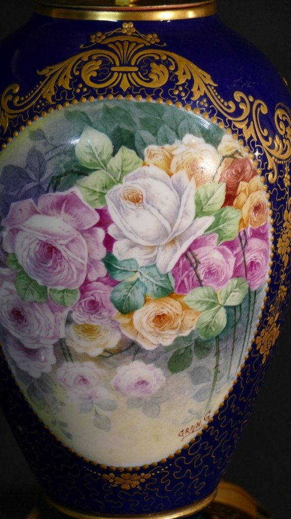 Decor With Hand-painted Roses, Limoges Porcelain Lamp, Mid-20th Century-photo-3