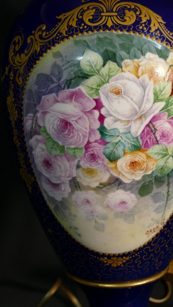 Decor With Hand-painted Roses, Limoges Porcelain Lamp, Mid-20th Century-photo-1