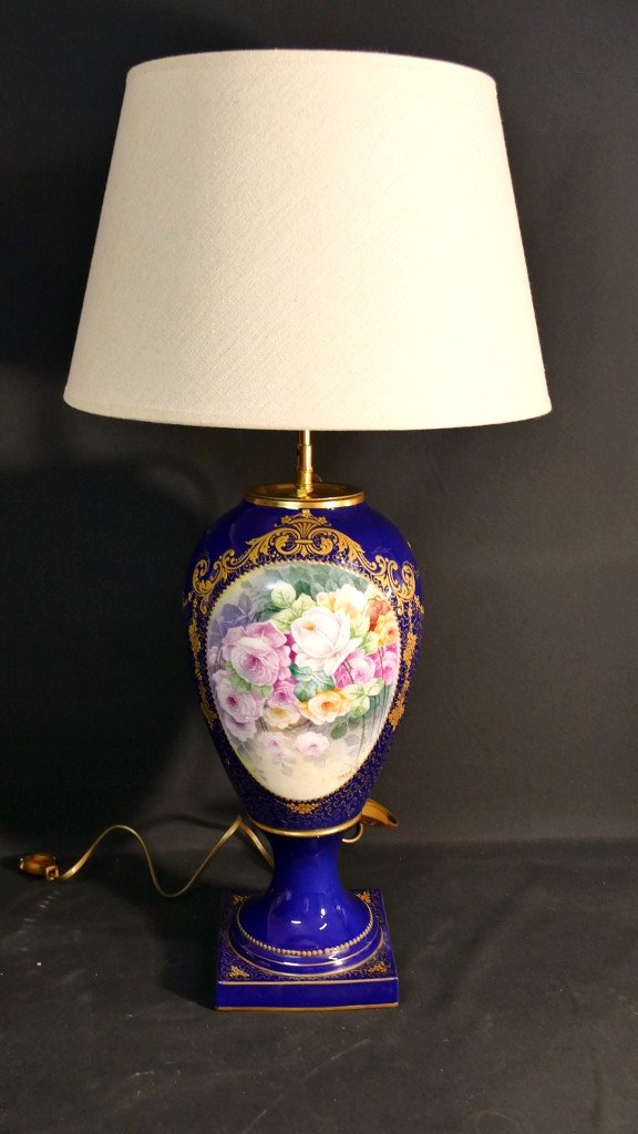 Decor With Hand-painted Roses, Limoges Porcelain Lamp, Mid-20th Century