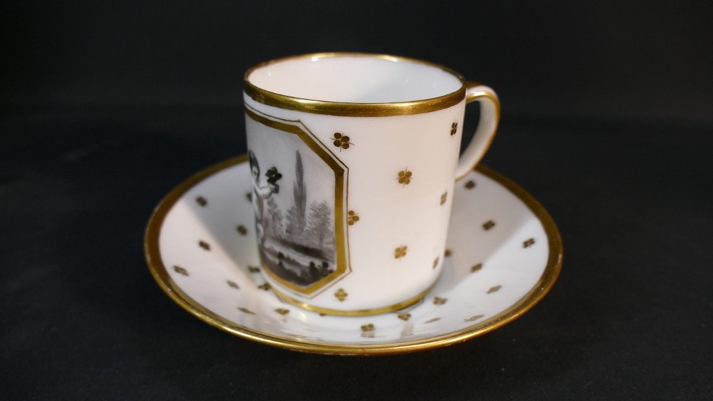 19th Century Litron Cup, Grisaille Decor With Angelot, Paris Porcelain-photo-6