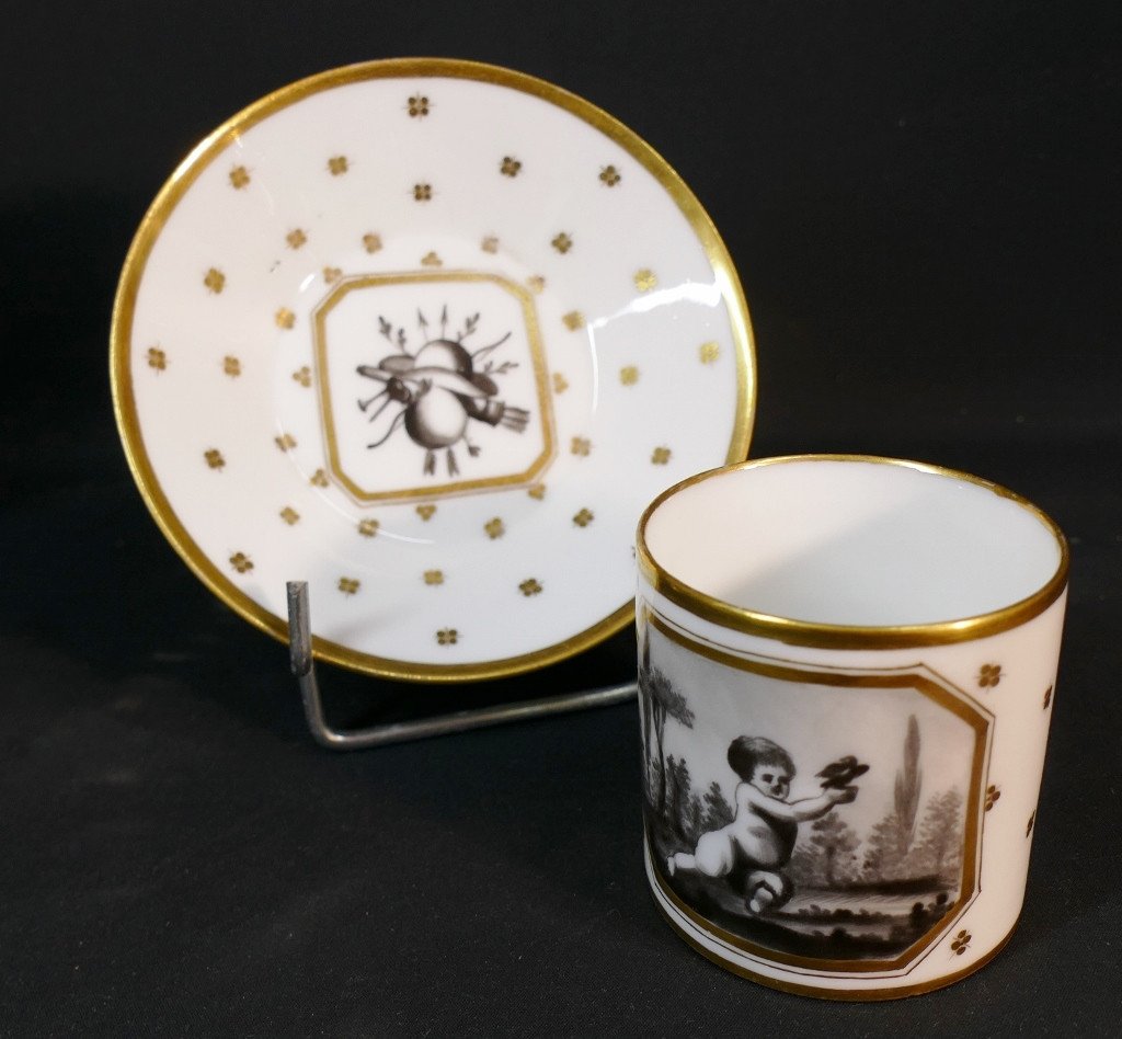 19th Century Litron Cup, Grisaille Decor With Angelot, Paris Porcelain