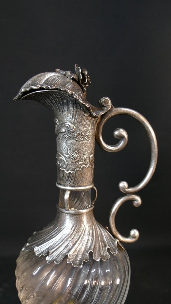 Ewer, Alcohol Carafe In Sterling Silver And Twisted Glass, 19th Century Period-photo-2