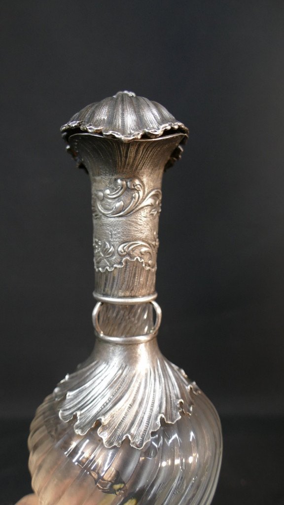 Ewer, Alcohol Carafe In Sterling Silver And Twisted Glass, 19th Century Period-photo-3