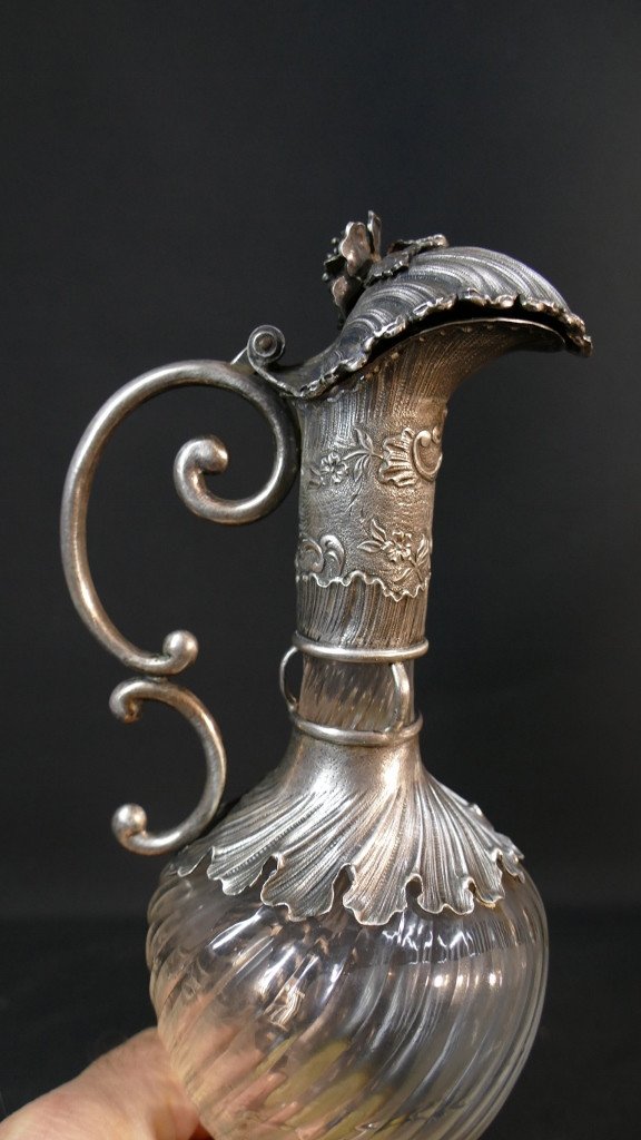 Ewer, Alcohol Carafe In Sterling Silver And Twisted Glass, 19th Century Period-photo-4