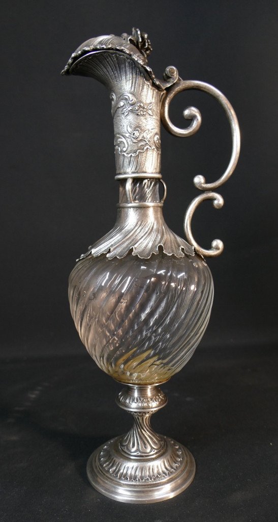 Ewer, Alcohol Carafe In Sterling Silver And Twisted Glass, 19th Century Period